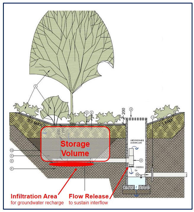 How Performance Targets for Storage, Infiltration and Flow Release are incorporated in a Rain Garden Design (Image source: "Stormwater Source Control Design Guidelines 2012 (Final Report), Metro Vancouver, British Columbia)