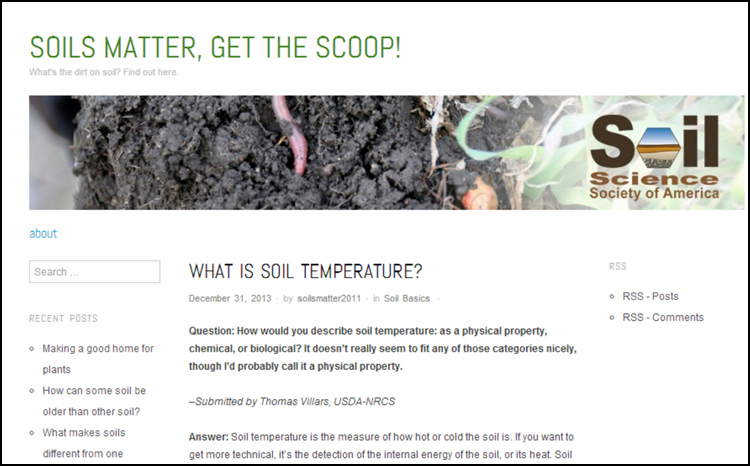 Home page of the Soil Science Society of America’s new blog, Soils Matter, Get the Scoop!