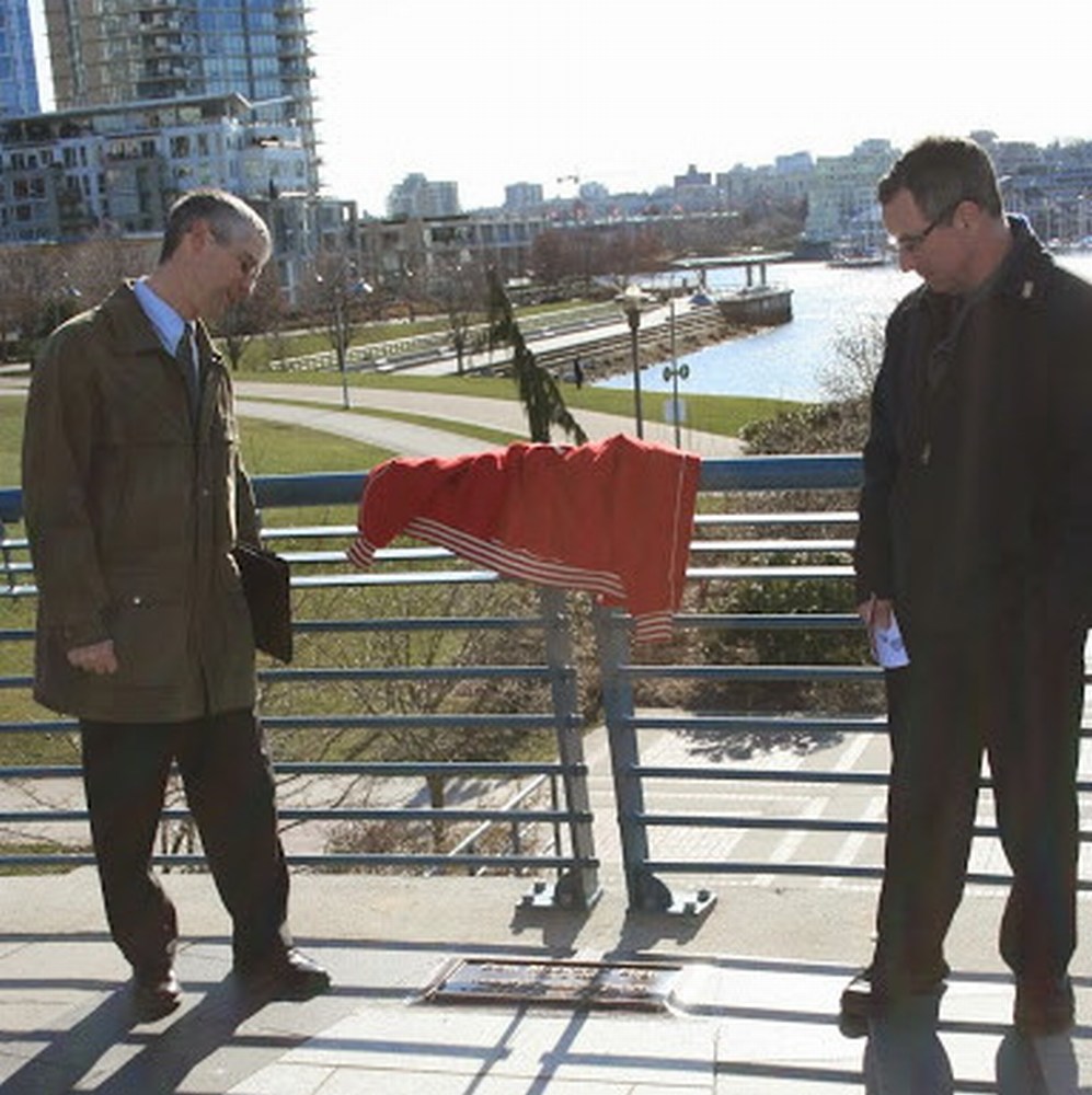 Brian Crowe (L) and David Desrochers (R) at plaque dedication ceremony in False Creek, Vancouver