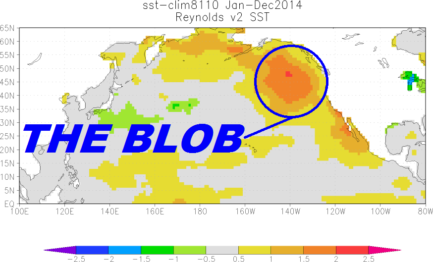 Acknowledgment: “North Pacific Update: The Blob’s Strengthening Suggests It’s Not Ready to Depart”, by Bob Tisdale, WUWT, April 2015